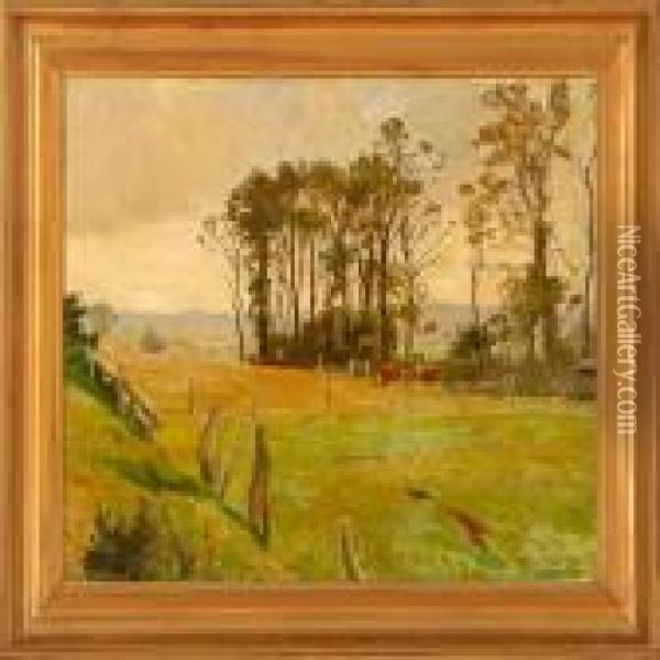 Autumn Landscape With Grazing Cattle Oil Painting - Olaf Viggo Peter Langer