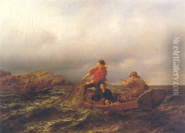 Hauling In The Nets Oil Painting - Hans Frederick Gude