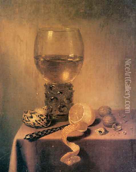 A roemer, two shells, a peeledlemon, a knife and walnuts on a Draped Table Oil Painting - Maerten Boelema De Stomme