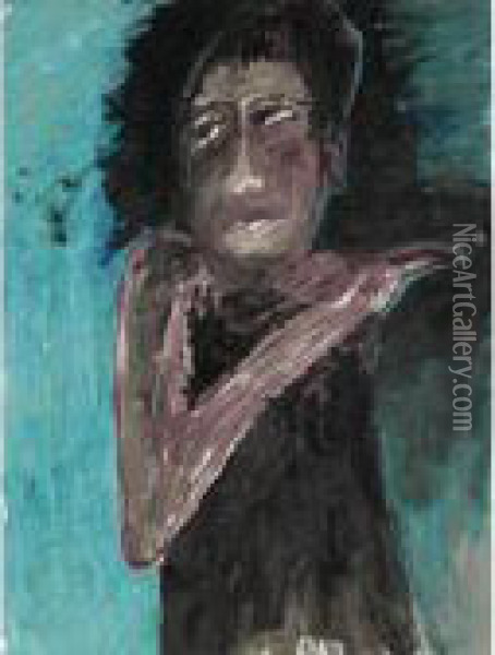 Untitled (figure With Green Background) Oil Painting - Rabindranath Tagore
