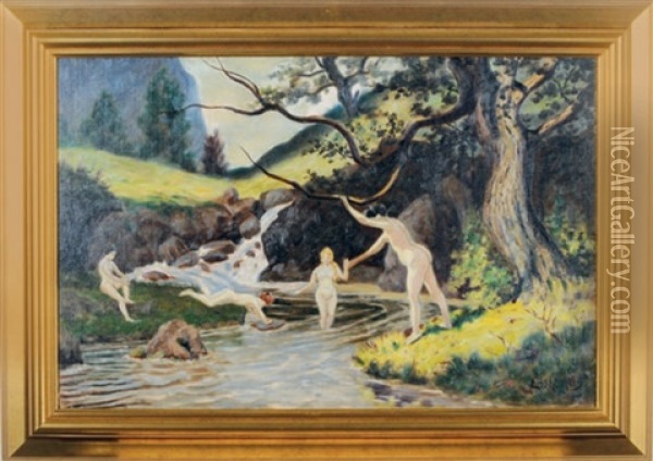 Bathers Frolicking In A Stream Oil Painting - Louis Michel Elshemius