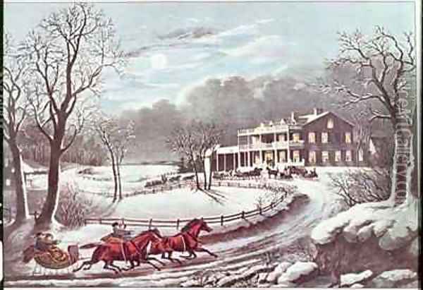 American Winter Evening Scene Oil Painting - Currier