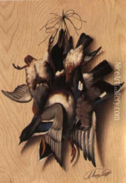 A Mallard, Partridge And Jay Hanging From A Nail Oil Painting - Michelangelo Meucci