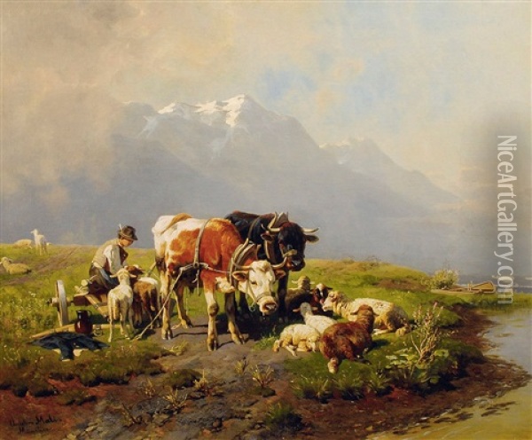 Rastender Schafhirte Am Seeufer Vor Alpenpanorama Oil Painting - Christian Friedrich Mali
