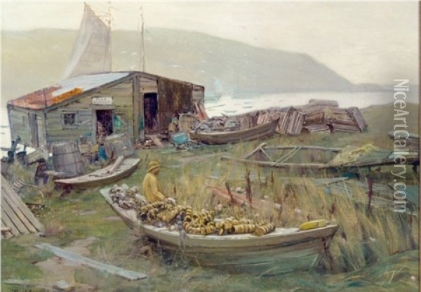 Fish Market, Monhegan With A View Toward Manana Oil Painting - Robert Van Vorst Sewell