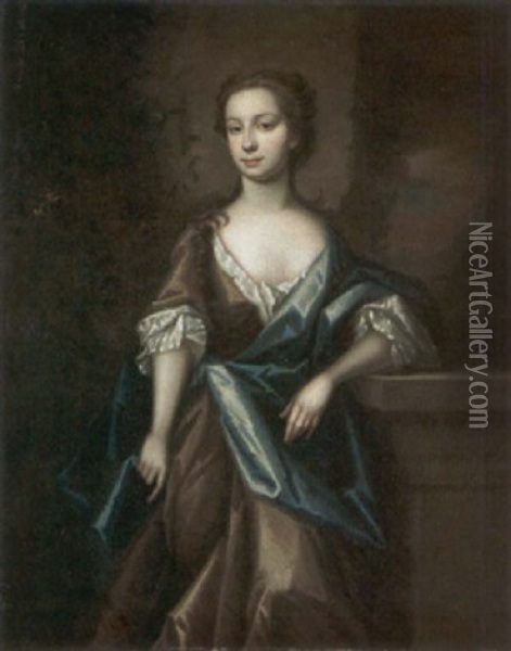 Portrait Of A Lady Wearing A Grey Silk Dress And Blue Robes Oil Painting - James Maubert