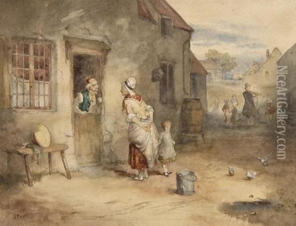 Village Scene With Figures Conversing, And A Wanderingminstrel Oil Painting - George H. Hay