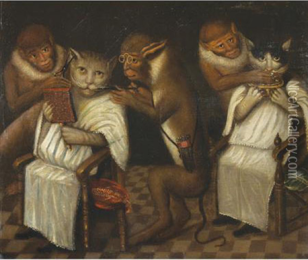 The Monkey Barbershop Oil Painting - David The Younger Teniers