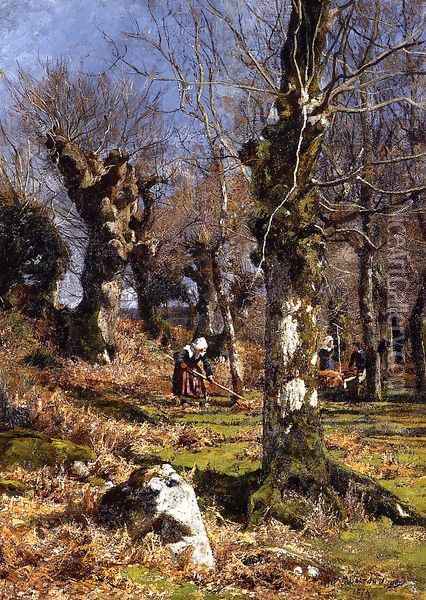 Gathering Leaves Oil Painting - Hugh Bolton Jones
