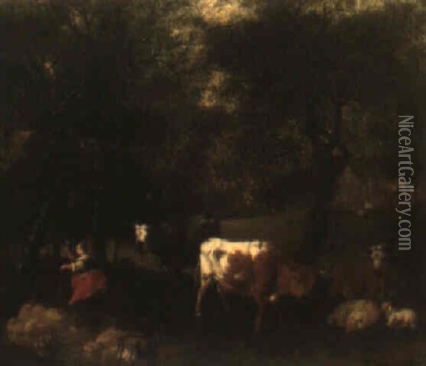 Wooded Landscape With Cows, Sheep And A Shepherdess Oil Painting - Dirk van Bergen