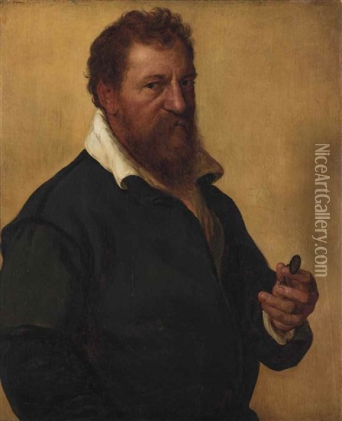 Portrait Of The Artist, Half-length, In A Black Doublet Holding Spectacles Oil Painting - Lambert Lombard