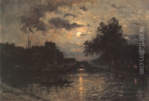 River In Moonlight Oil Painting - Stanislas Lepine