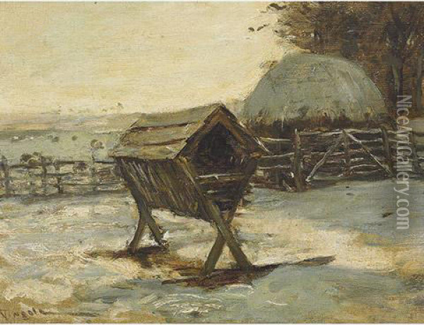Farmyard With Sheep In A Snowy Pasture Oil Painting - James Lawton Wingate
