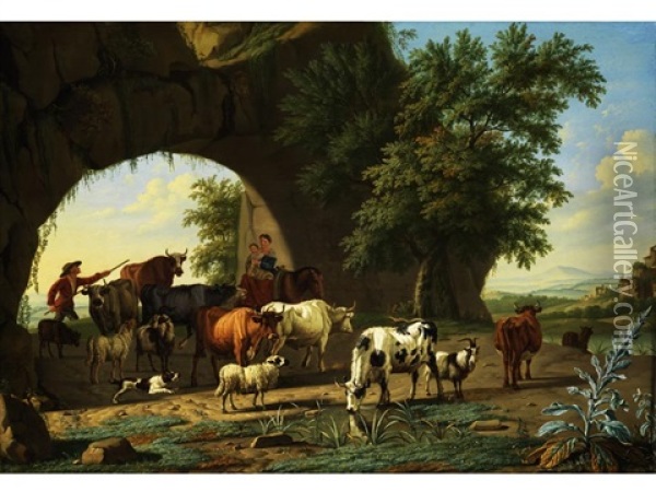Italienische Fantasielandschaft Mit Kuhen, Schafen, Ziegen Und Hirten Unter Einem Steinbogen Mit Blick In Die Ferne Oil Painting - Jan van Gool