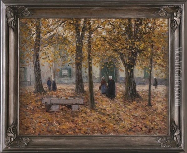 Baumbestandener Dorfplatz Im Herbst Oil Painting - Helmuth Liesegang
