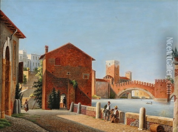 View From Ponte Vecchio, Verona Oil Painting - Carl Johann Neumann