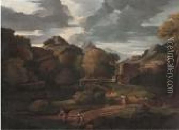 An Italianate Landscape With Figures On A Path, Classical Buildingsbeyond Oil Painting - Gaspard Dughet Poussin