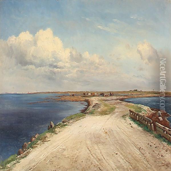 Summer Idyll At Saltholm With Grazing Cows, Denmark Oil Painting - Carl Frederick Aagaard