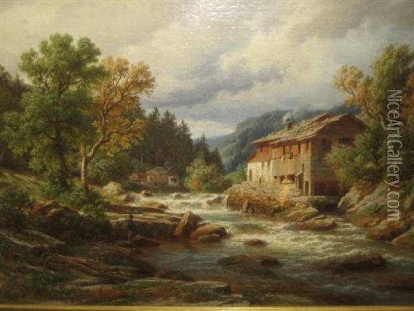 Millstream With Fishermen In The Foreground Oil Painting - Eduard Friedrich Pape