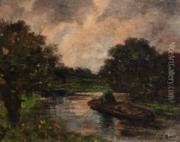 River Scene With Barge Oil Painting - Jacob Henricus Maris