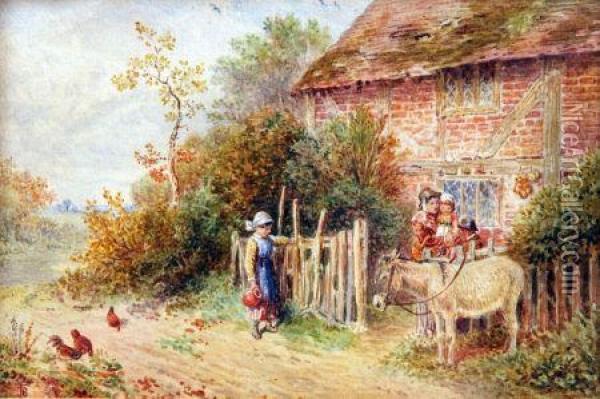 Family Group And Donkey Before Acottage Oil Painting - Myles Birket Foster
