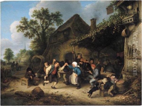Peasants Carousing And Dancing Outside An Inn Oil Painting - Adriaen Jansz. Van Ostade