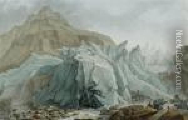 Der Untere Gletscher Von Grindelwald Mit Lutschine Und Kleinem Schreckhorn Oil Painting - Jeremias Wolff