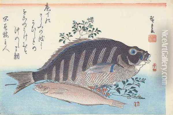 Shimadai and Ainame from the series The Large Fish Utagawa School Oil Painting - Utagawa or Ando Hiroshige
