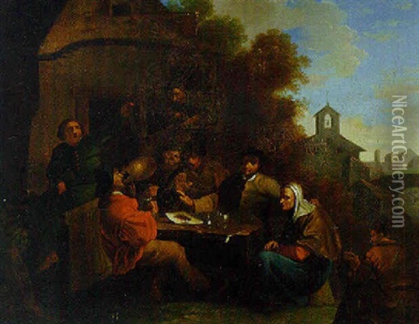 Peasants Seated At A Table Before An Inn Oil Painting - Richard Brakenburg