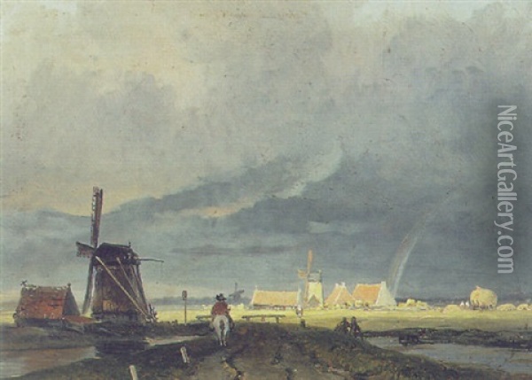 Figure On A Path Near A Windmill Oil Painting - Arnoldus Johannes Eymer