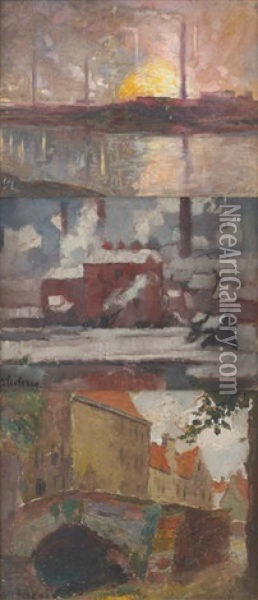 Paysages Industriels Et Pont (3 Works) Oil Painting - Victor Leclercq