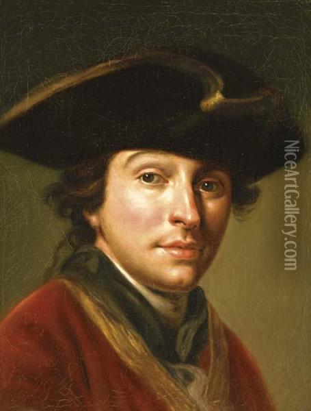 Portrait Of The Artist Anton Von Maron , Bust-length, In A Red Coat And Black Hat Oil Painting - Martin Knoller