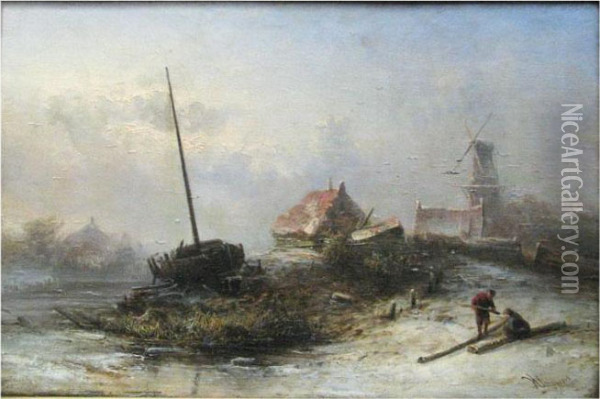 Shoreline With Beached Boat, People And Windmill Oil Painting - Pieter Lodewijk Francisco Kluyver