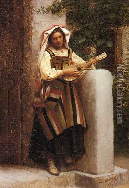 An Italian Girl Playing a Mandolin Oil Painting - Jean-Leon Gerome