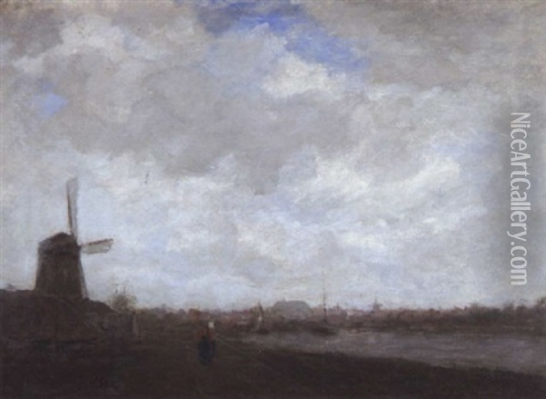Fluslandschaft Mit Windmuhle Oil Painting - Jacob Henricus Maris