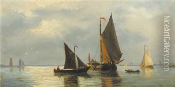 Sailing Barges In A Calm At Dusk Oil Painting - Jacob Willem Gruyter
