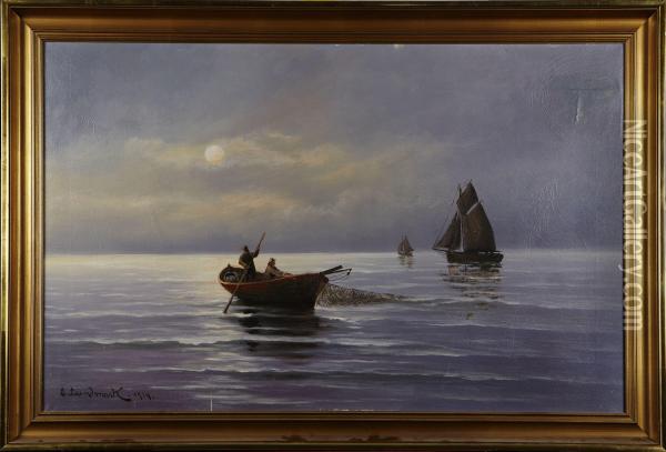 Fiskebatar Oil Painting - Sture Lundberg