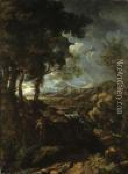 A Wooded Landscape With Elijah And The Angel Oil Painting - Gaspard Dughet Poussin