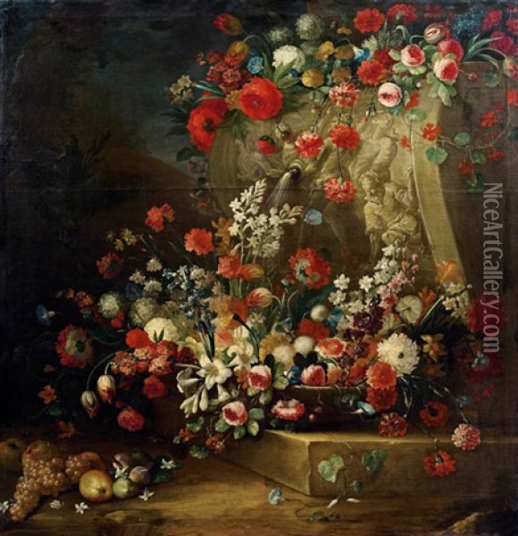 Stillleben Mit Blumen Und Fruchten Vor Einem Reliefbrunnen Oil Painting - Gasparo Lopez