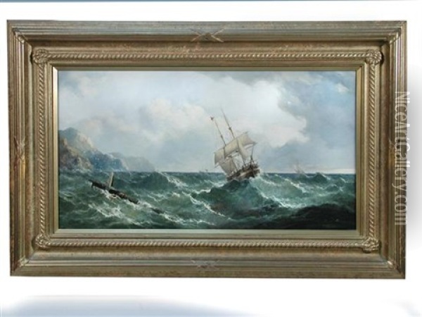 Sailing Ships In Choppy Seas Oil Painting - John Wilson