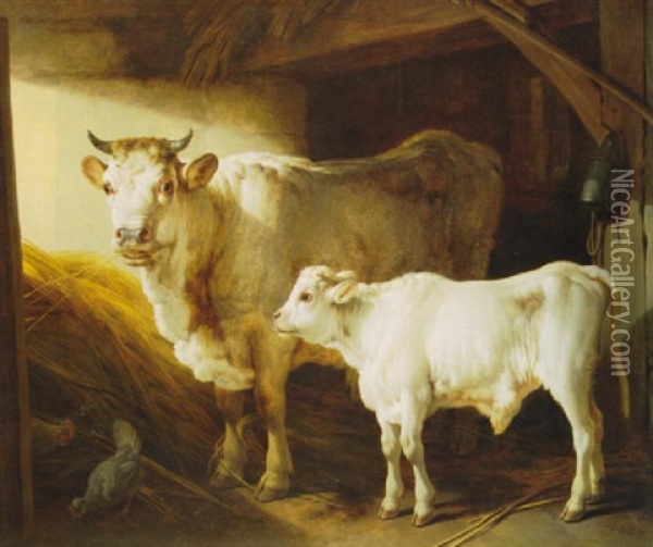 A Cow And Her Calf In A Barn Oil Painting - Jean Baptiste Huet