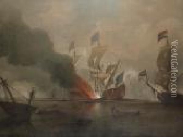 The Destruction Of The 'royal James' During The Battle Of Solebay, 28th. May 1672 Oil Painting - Peter Monamy