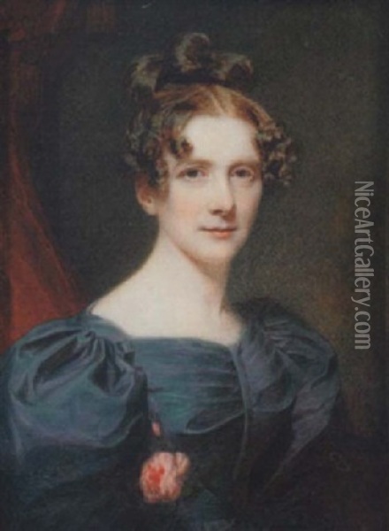 Portrait Of Miss Gardiner Wearing Green Dress With Puff-sleeves And Pink Rose Tucked In Her Waistband, Red Curtain Background Oil Painting - William John (Sir) Newton