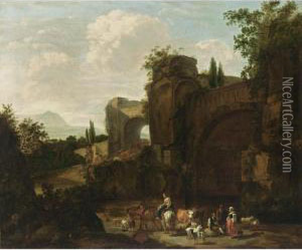 A Classical Landscape With Shepherds And Their Herd Near Ruins Oil Painting - Rembrandt Van Rijn