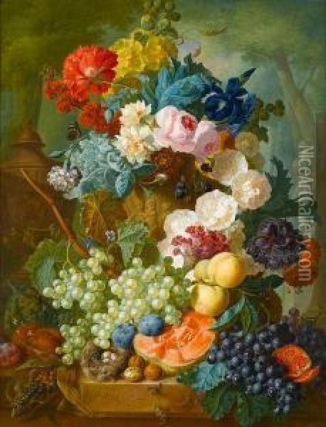Roses, Irises, Carnations And 
Other Flowers Ina Stone Urn With Peaches, Grapes, Melon, Plums And 
Walnuts Beside Abird's Nest On A Stone Ledge, A Park Landscape Beyond Oil Painting - Jan van Os