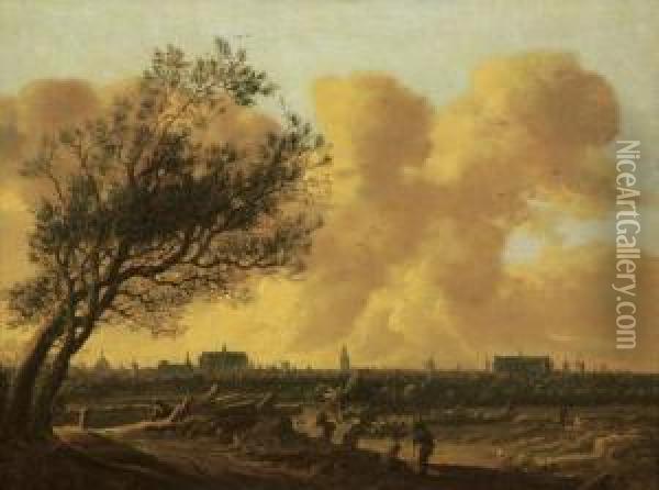 A Panaromic View Of Leiden With Figures Under A Tree In The Foreground Oil Painting - Anthony Jansz. Van Der Croos