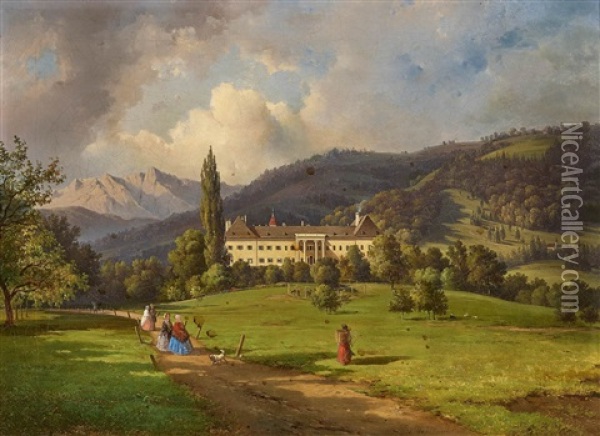 Castle Ebenzweier In Altmunster At Lake Traunsee Oil Painting - Josef Anton Mahlknecht