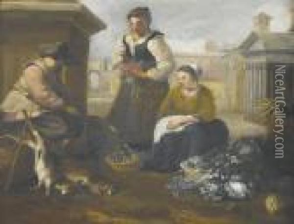 Marktszene Mit Zwei Handlerinnen Und Kunde Oil Painting - Hendrick Mommers