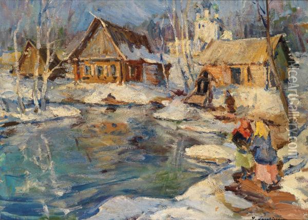 Russian Town In Thesnow Oil Painting - Georgi Alexandrovich Lapchine
