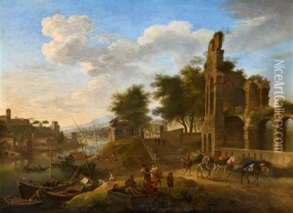 A Fanciful View Of Tevere With The Ripa Grande Oil Painting - Jacob De Heusch